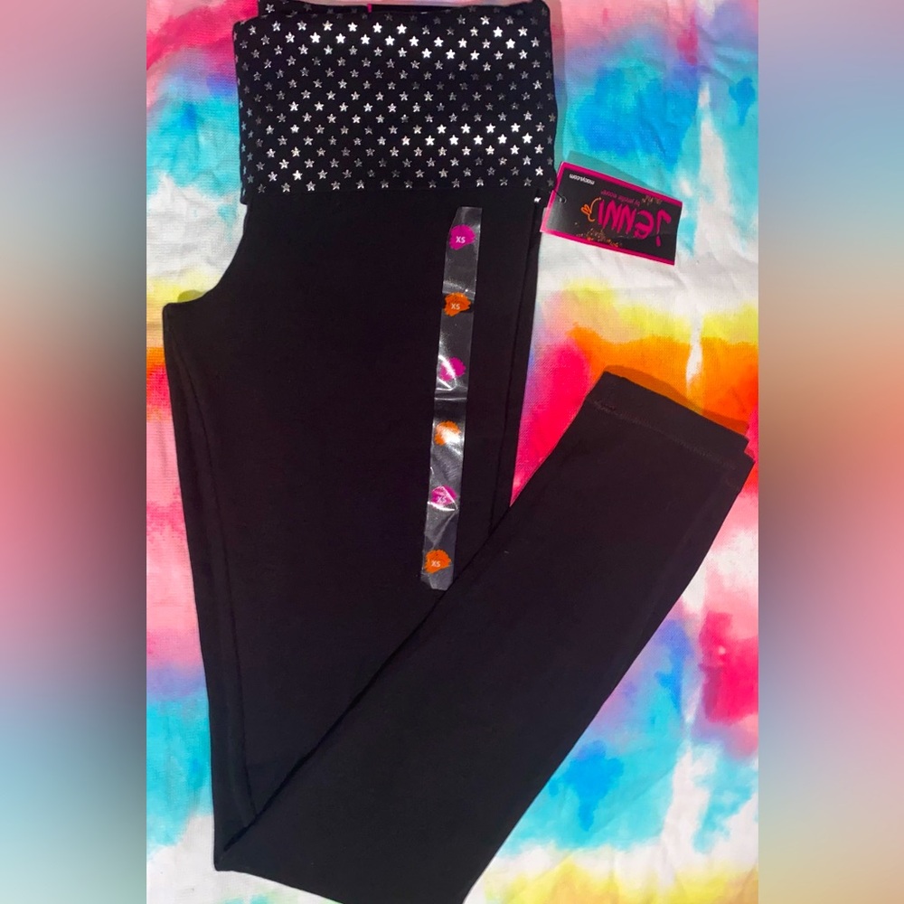 Foldover leggings black cotton yoga leggings silver stars graphic bling leggings